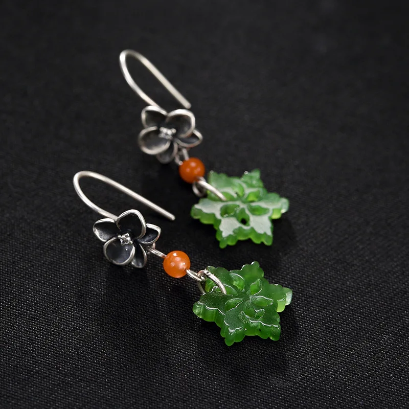 2018 Hot Sale Rushed Brinco Deer S925 Pure Antique Old Mosaic And Field Jade Jasper South Snowflake Earrings Wholesale | Украшения и