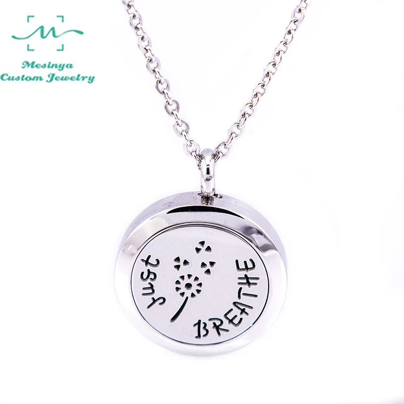 10pcs Mesinya 1'' Just Breathe Aromatherapy / Essential Oils Surgical Stainless Steel Diffuser Locket With Shiny Chain Necklace