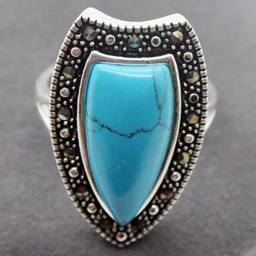 

26X14MM Blue Turquoises Marcasite 925 STERLING SILVER RING Size US 7 8 9 10