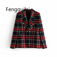 fashion vintage women patchwork plaid tweed jacket double breasted pocket long sleeve female coat casaco femme blazerfenimino