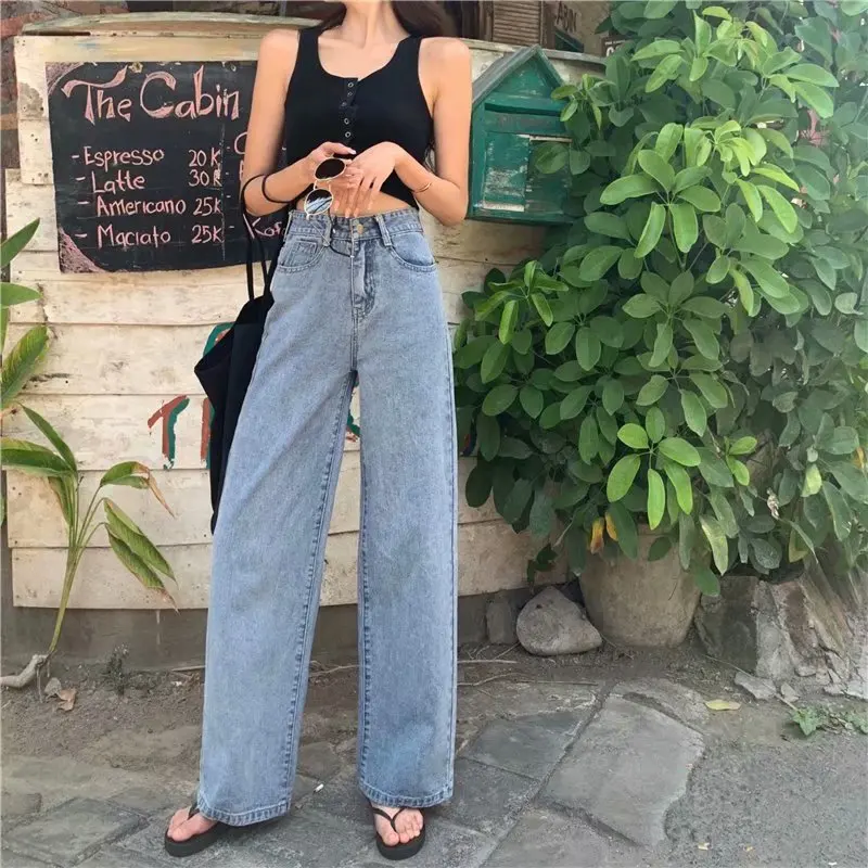 High Waist Boyfriend Wide Leg Women Blue Denim Jeans Korean Pants Trousers Loose Autumn Jeans Mujer