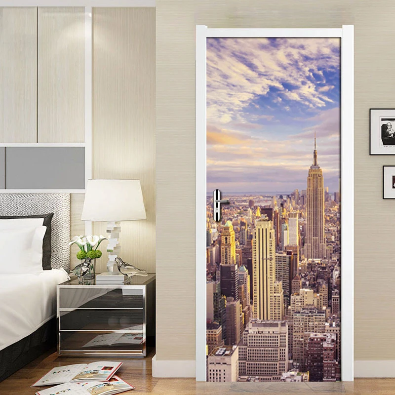 

3D Door Sticker City Building Photo Wallpaper Wall Decals Study Living Room Bedroom Door Mural Home Decoration PVC Self-adhesive