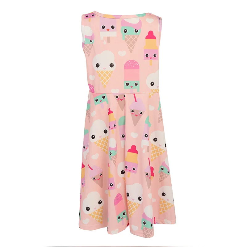 cute Summer Kids Cartoon icecream Print Children Sleeveless Clothes Girl A-line Dress Birthday Party Princess Dresses | Детская одежда