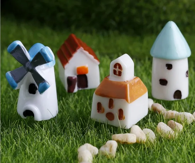 

4pcs/lot Windmill House Decoration Decorative Landscaping Moss Micro Landscape Fleshy Creative Castle Houses Resin Craft KS 013