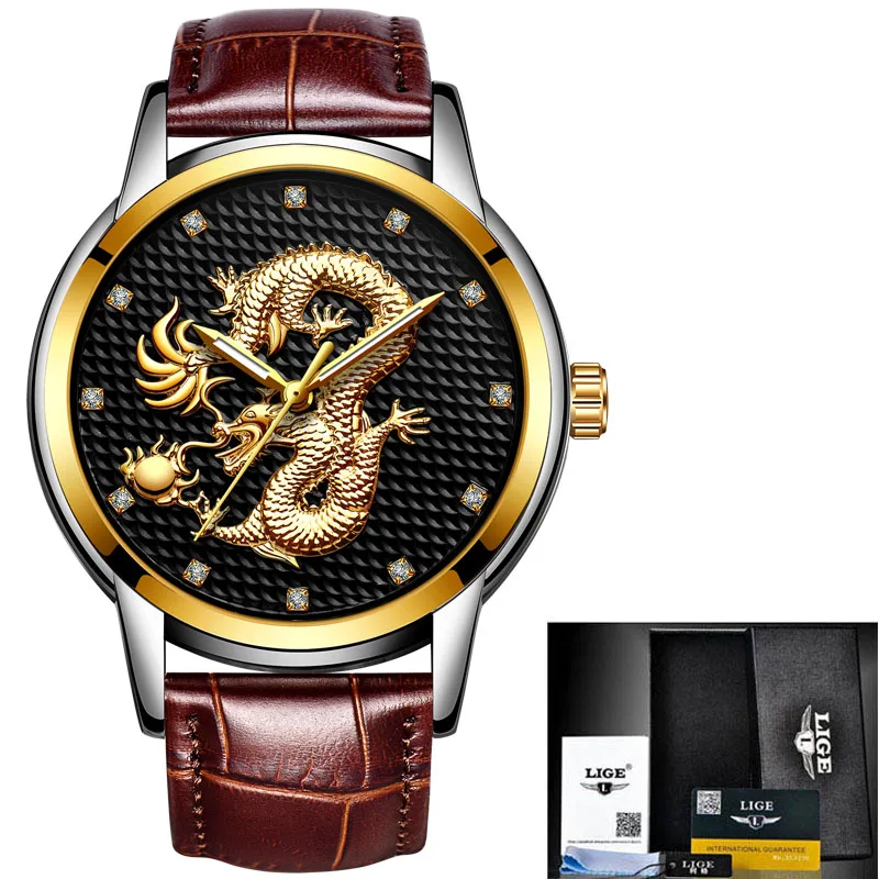leather gold black Lige Мужские часы Модные Спортивные кварцевые мужские часы, наручные часы Топ бренд класса люкс полный стальной деловые водонепроницаемые часы Relogio Masculino - Цвет: leather gold black