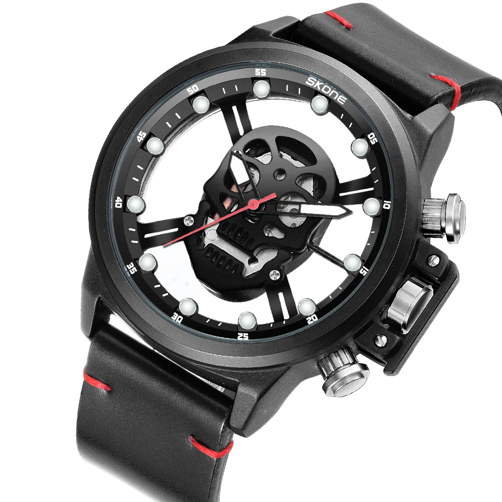 

New Watch Men's 2020 Luxury 3D Skull Genuine Leather Black Quartz Men Wristwatch Matte Dial Sports Watch Relogio Masculino 9499