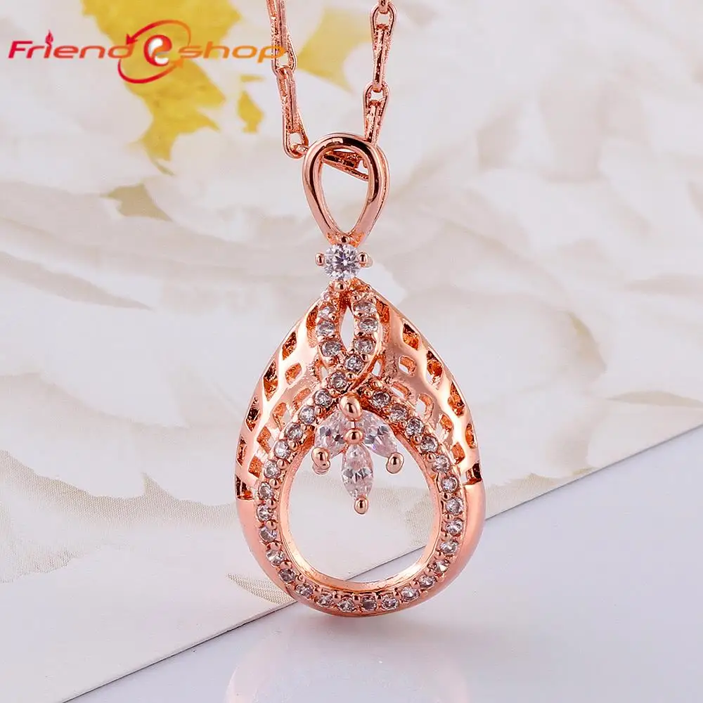 KN007 Настоящее Роуз Позолоченные Ожерелье Выдолбленные Каплевидные CZ Огранка