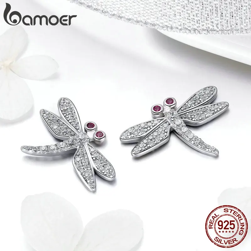 BAMOER, Новое поступление, 925 пробы, серебряная, изящная стрекоза, серьги-гвоздики для женщин, прозрачный CZ, модные серьги, ювелирное изделие,, BSE005