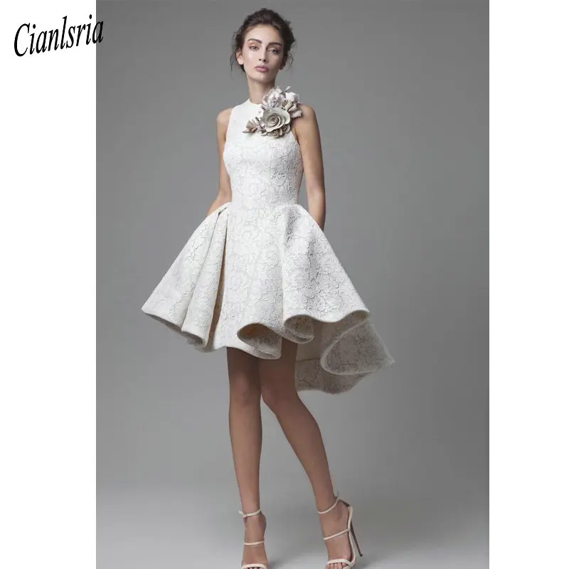 

2020 Lace Wedding Dresses Jewel Sleeveless High Low Wedding Dresses Short A-Line Beach Bridal Gowns With Flower