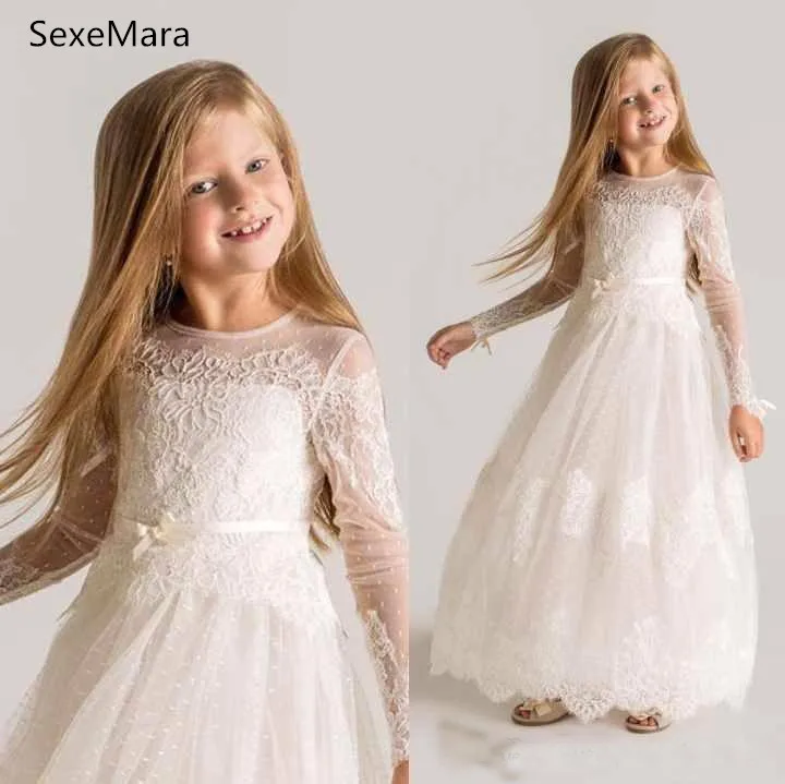

Ivory White Flower Girl Dresses For Wedding Lace O Neck Kids Princess Child First Communion Gowns Girls Cloth Size 2-14Y