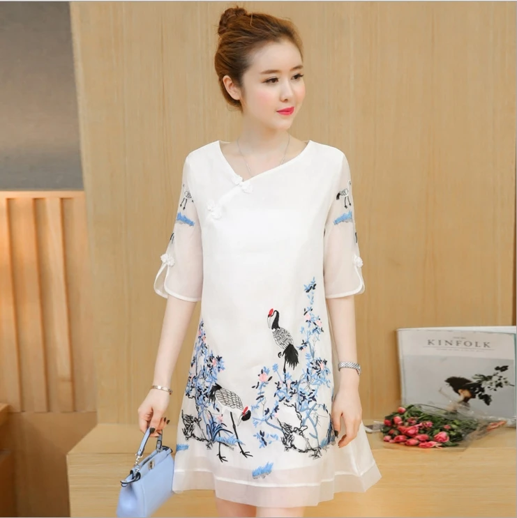 2018 summer retro Chinese wind cranes flowers are thin embroidered dresses female | Женская одежда