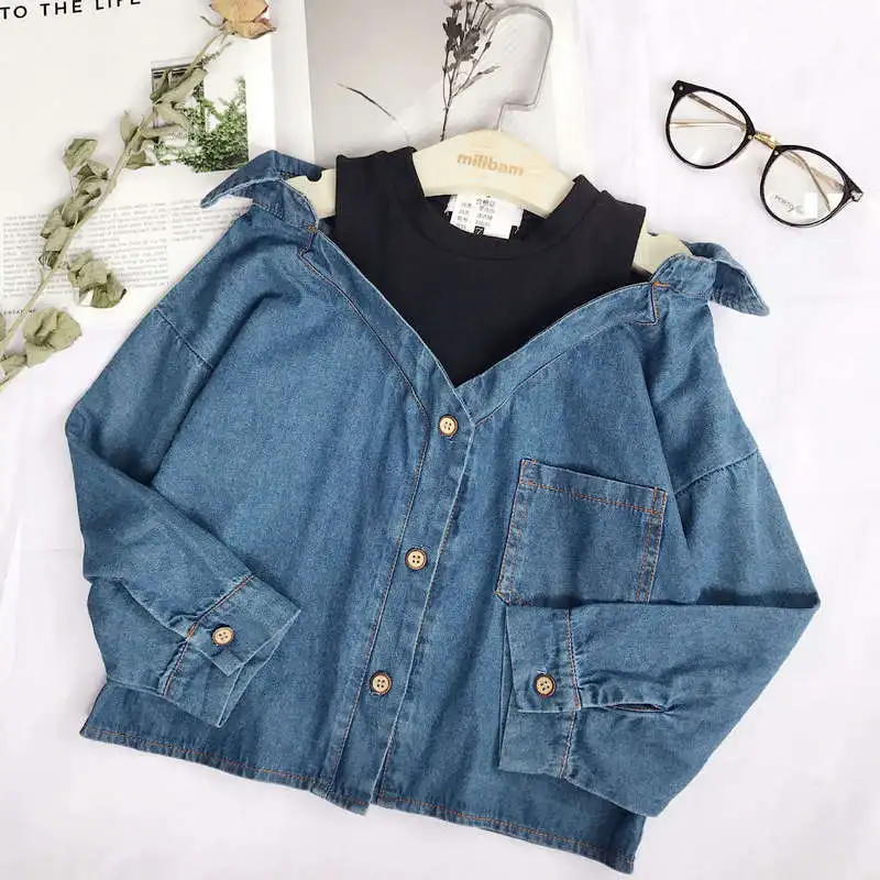 

2018 Children's Clothing Girl Clothes Jeans Shirts Baby Summer Clothes Girls Long-sleeved Denim Shirt Fake Two Coats 3-8y Cowboy