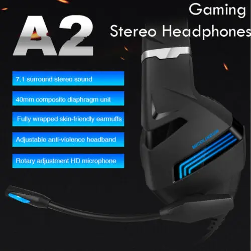 A2, игровая стереогарнитура, 7,1, Virtual Surround Bass, игровые наушники с микрофоном, светодиодный светильник для компьютера, ПК, геймера