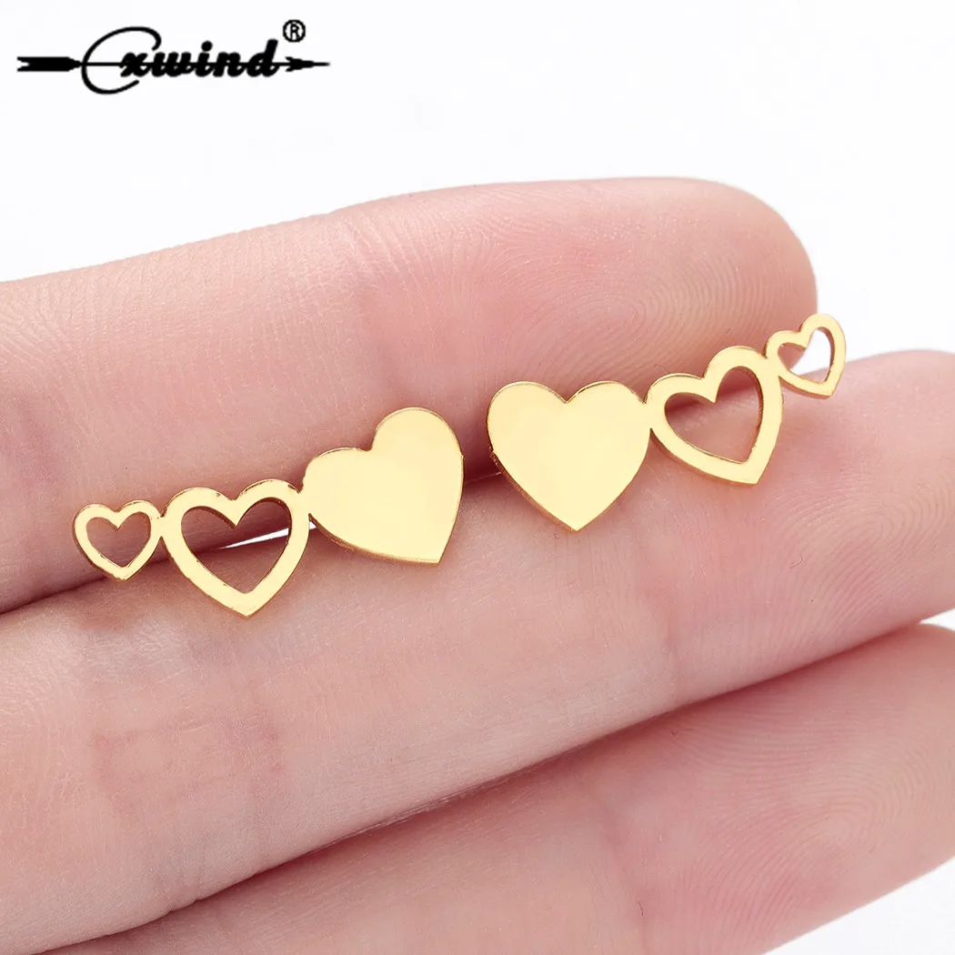 Женские серьги гвоздики с тремя сердечками Cxwind геометрические женские модные