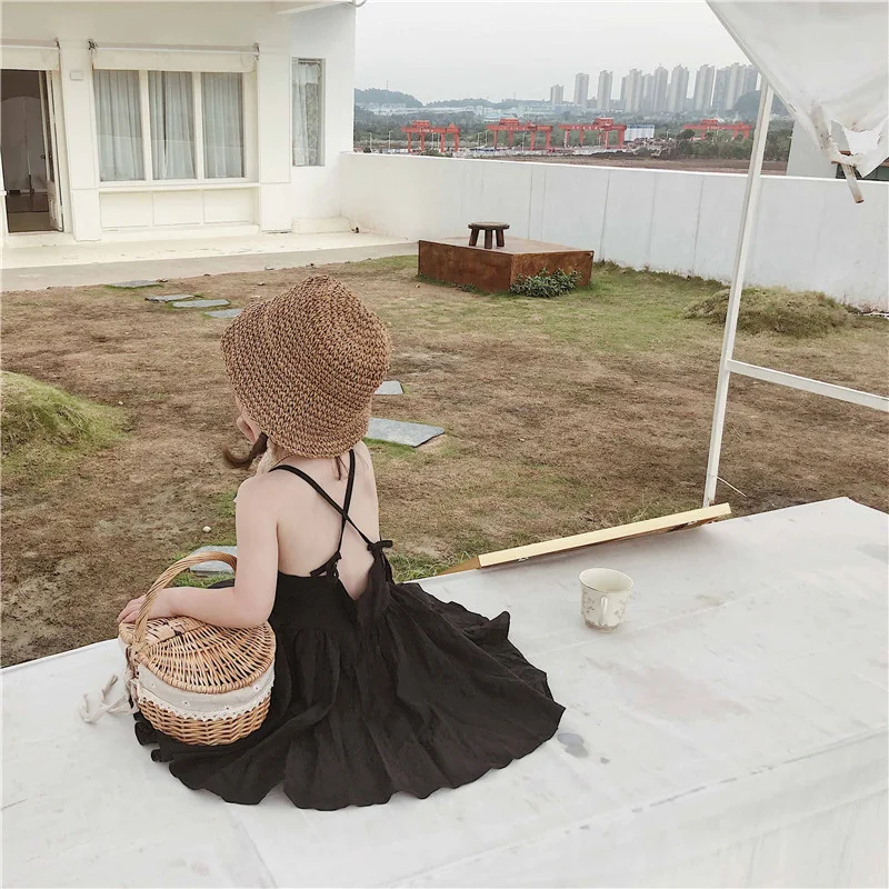 Black Sling Sleeveless Summer Girls Dress Beach Open Back Kid Dresses Fairy Princess Dressing Children's Clothing | Детская одежда