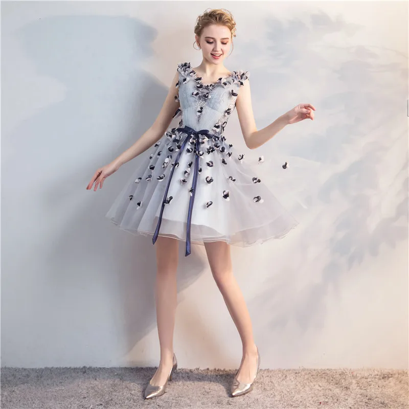 SSYFashion, Новые короткие коктейльные платья, милое серое кружевное Цветочное платье с v-образным вырезом, мини-платья для вечеринки с аппликациями, на заказ, официальное платье, Robe De Soiree