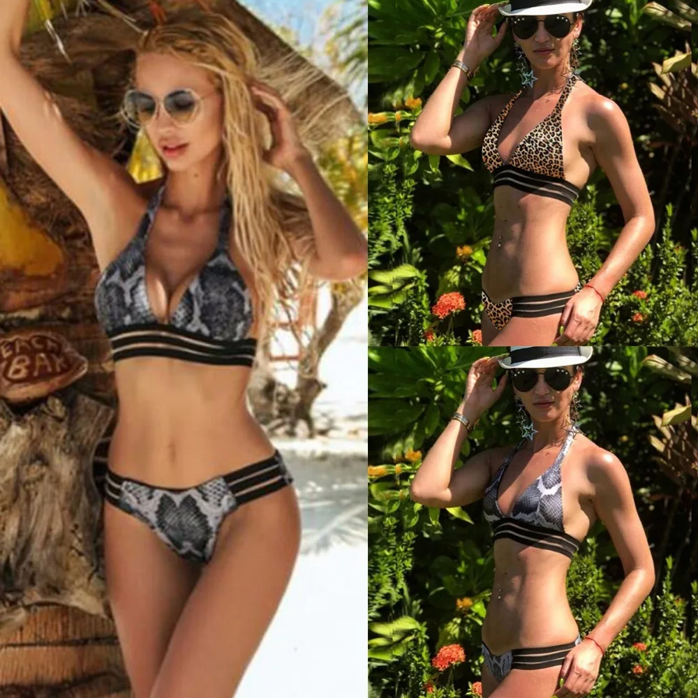 New Bikini Sexy Leopard Print Swimwear Push Up Halter Bra Brazilian Biquini Set Women Diamond Swimming Wear &amp Brief | Женская одежда