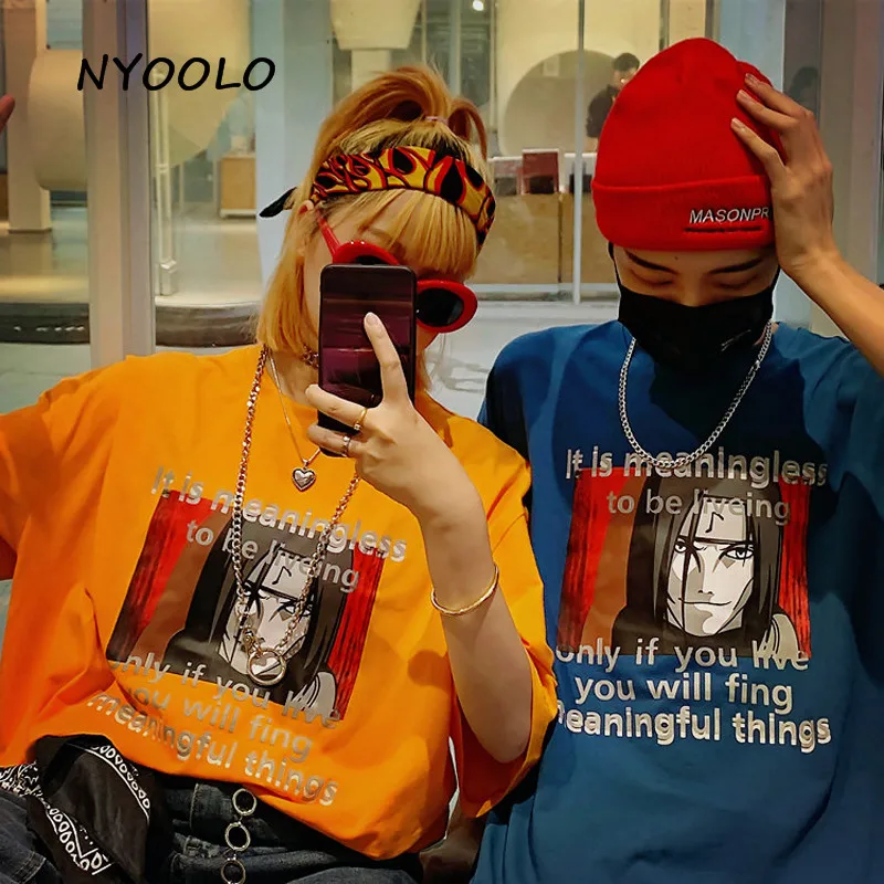 NYOOLO Harajuku винтажный аниме летний с буквенным принтом Футболка Повседневная Уличная футболка с коротким рукавом женская/мужская одежда топы