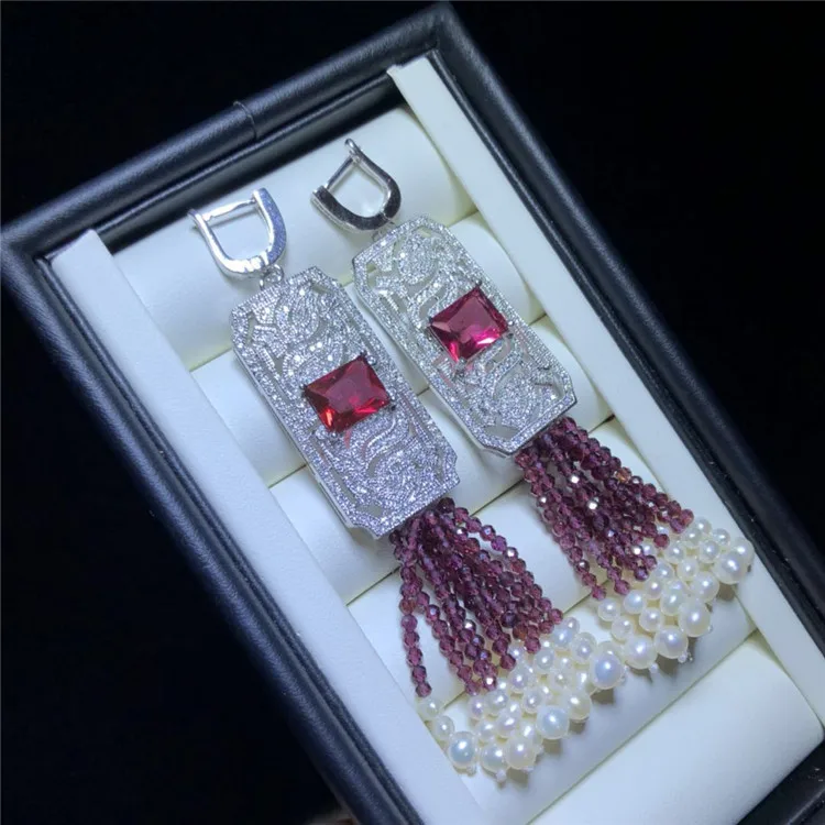 freshwater pearl white and red garnet 3mm round faceted earrings + zircon hook FPPJ wholesale beads nature | Украшения и
