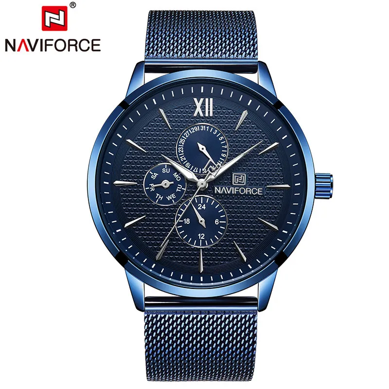 NAVIFORCE Брендовые мужские модные спортивные кварцевые наручные часы, мужские повседневные водонепроницаемые деловые часы с ремешком и стальным сетчатым ремешком, Relogio Masculino - Цвет: Blue
