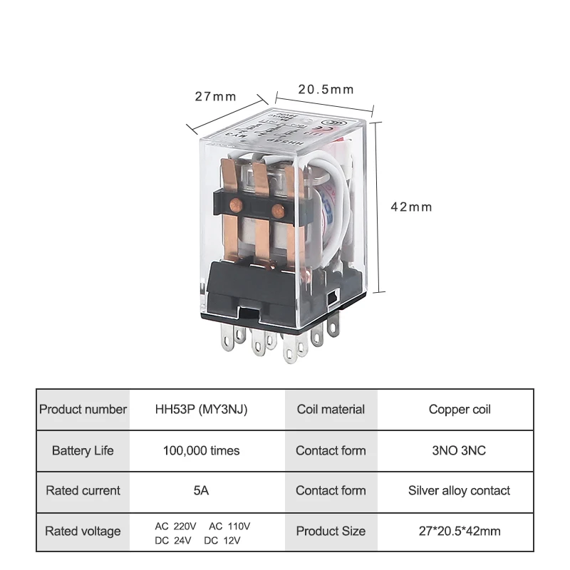 HH53P MY3NJ Micro Mini Electromagnetic Relays AC 220V AC 110V DC 24V DC 12V 5A Power Relay Switch Silver Contacts 11 Pin LED