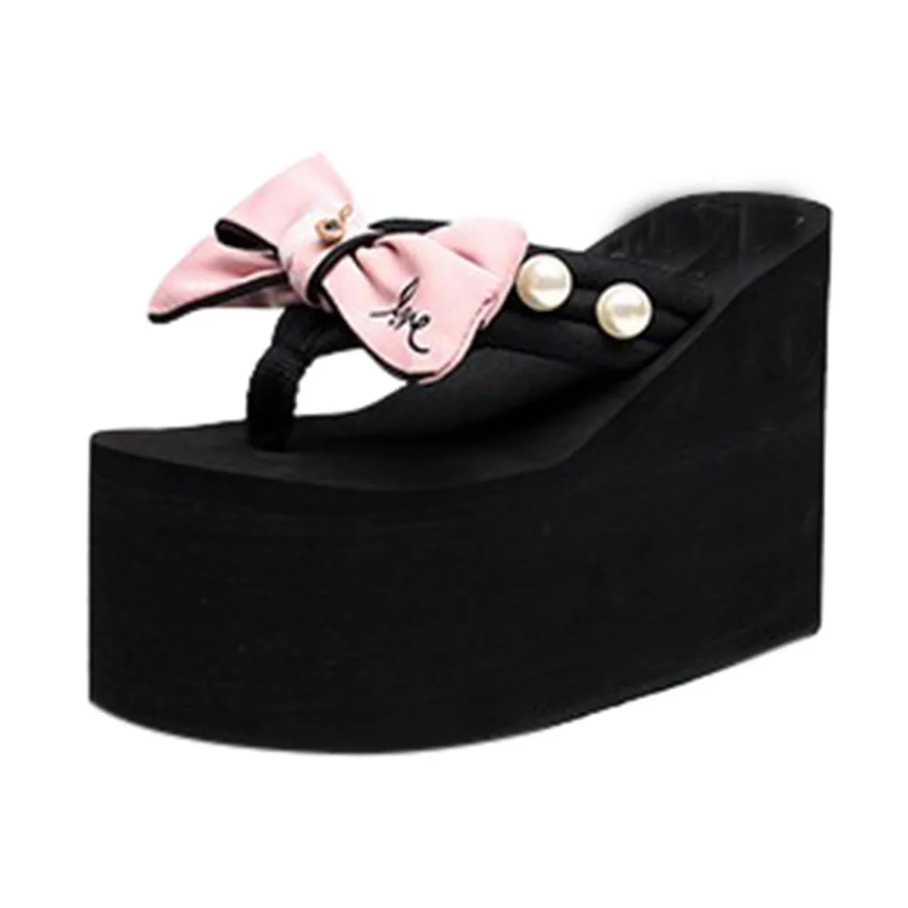 Шлепанцы на танкетке с жемчужным бантом, chaussures femme ete, пляжная обувь, женские повседневные тапки, женская обувь, zapatos mujer