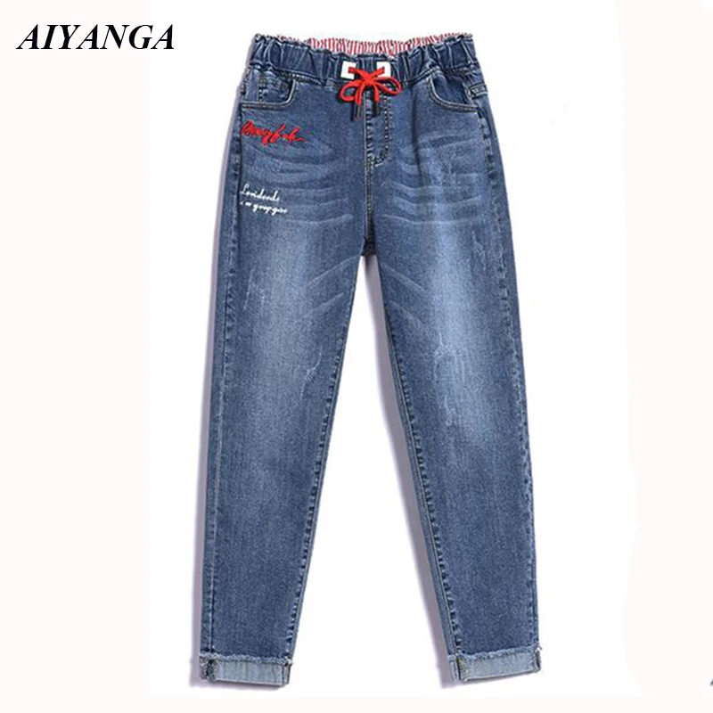 

Jeans Women 2019 Spring High Waist Jeans For Women Denim Harem Pants Embroidery Letter Casual Ankle-Length Pants Elastic Waist