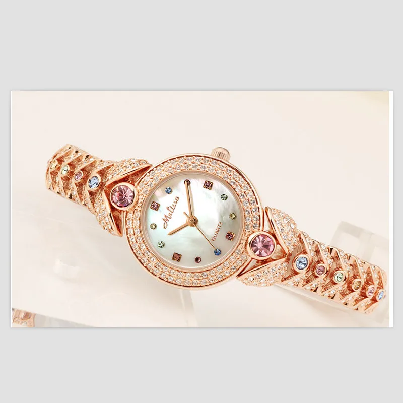 

Melissa Brand Jewelry Watches for Women Luxury Blingbling Rhinestones Watch Quartz Leaf Bracelet Wrist watch Hollow Montre Femme