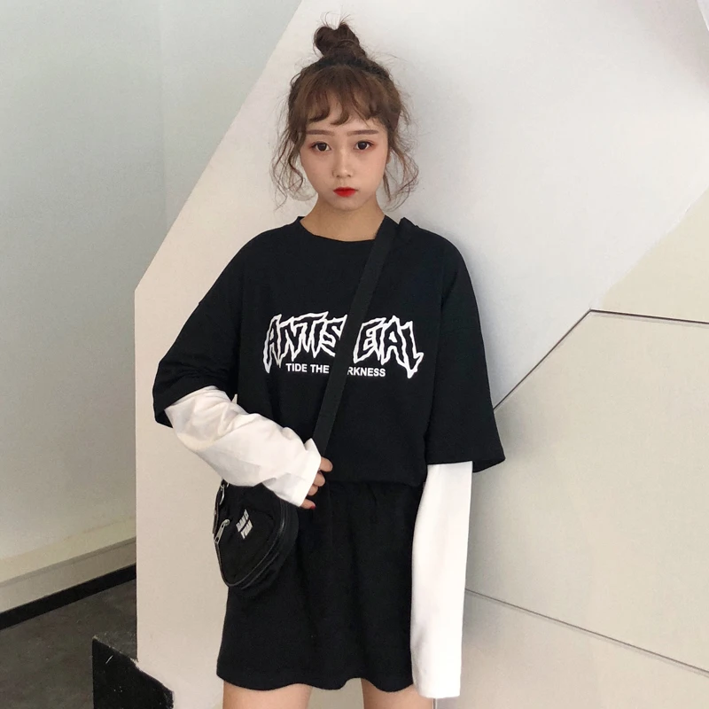 black Футболки женские осенние шикарные Harajuku футболки с длинным рукавом женские корейские с буквенным принтом BF Свободные Лоскутные поддельные Женские топы из двух частей - Цвет: black