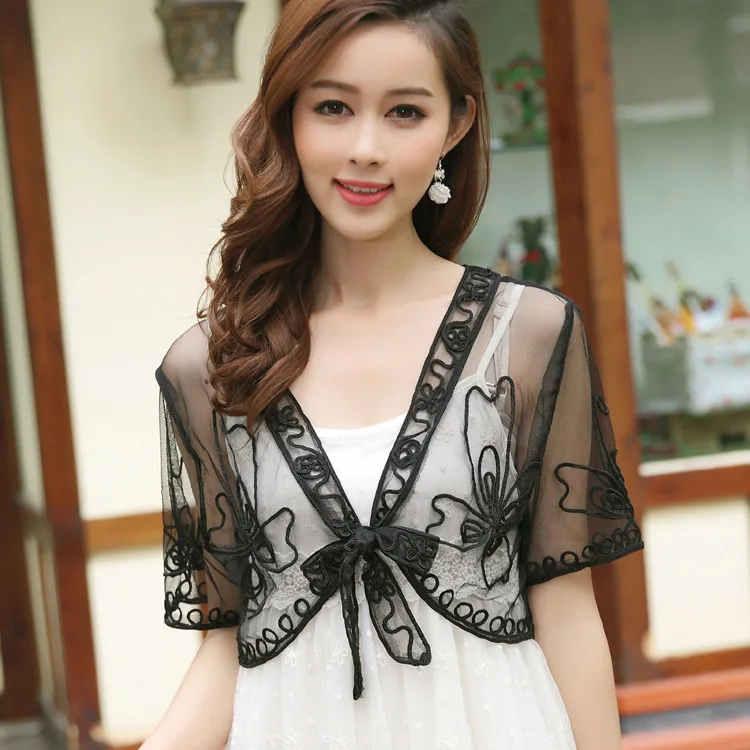 Женский кардиган накидка с коротким рукавом кружевная маленькая вырезами летний