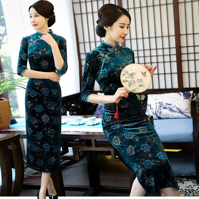 Longgreen Cheongsam велюровое платье Ципао с принтом винтажные модные улучшенные Осенние Длинные платья Вечерние платья для мам и свадеб - Цвет: Longgreen
