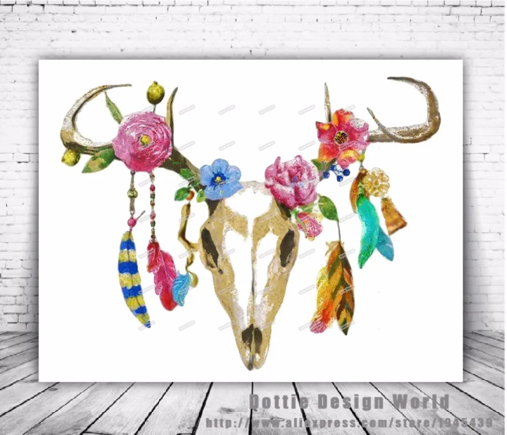 Rikivity перо корова Череп Печать мексиканский Сахар холст картина стены искусства