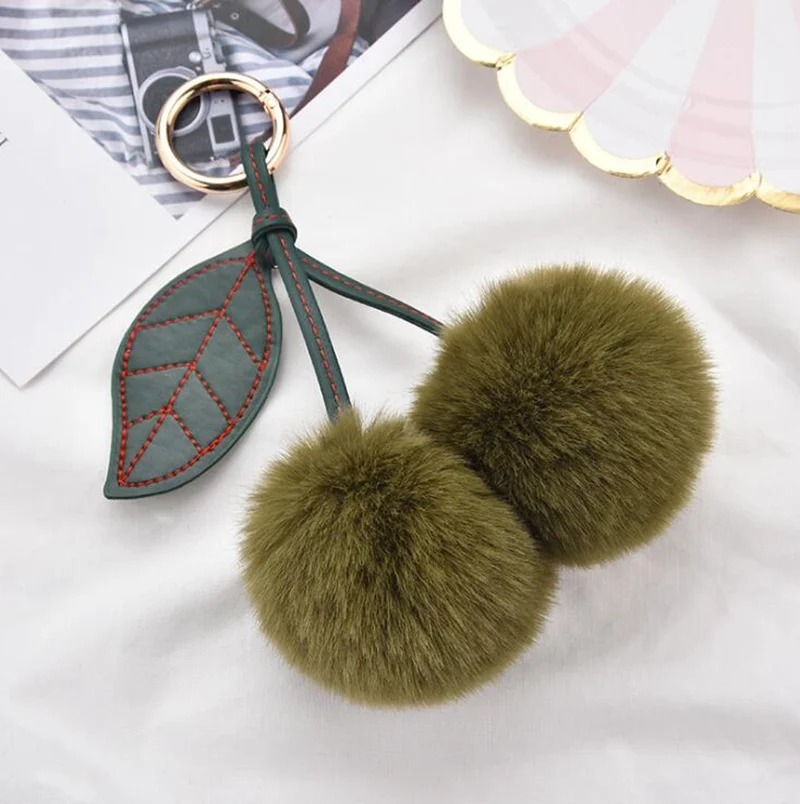 Army green Милый фруктовый брелок с вишней подвески для женщин кошелек сумка двойной шарик-помпон лист брелок пушистый искусственный мех автомобильный брелок - Цвет: Army green