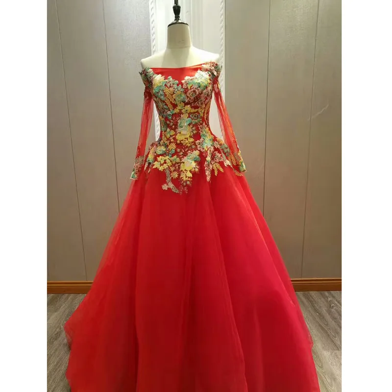 AOLANES 2017 Vestido De Noiva длинное красное вечернее платье с вышивкой и цветами расшитое