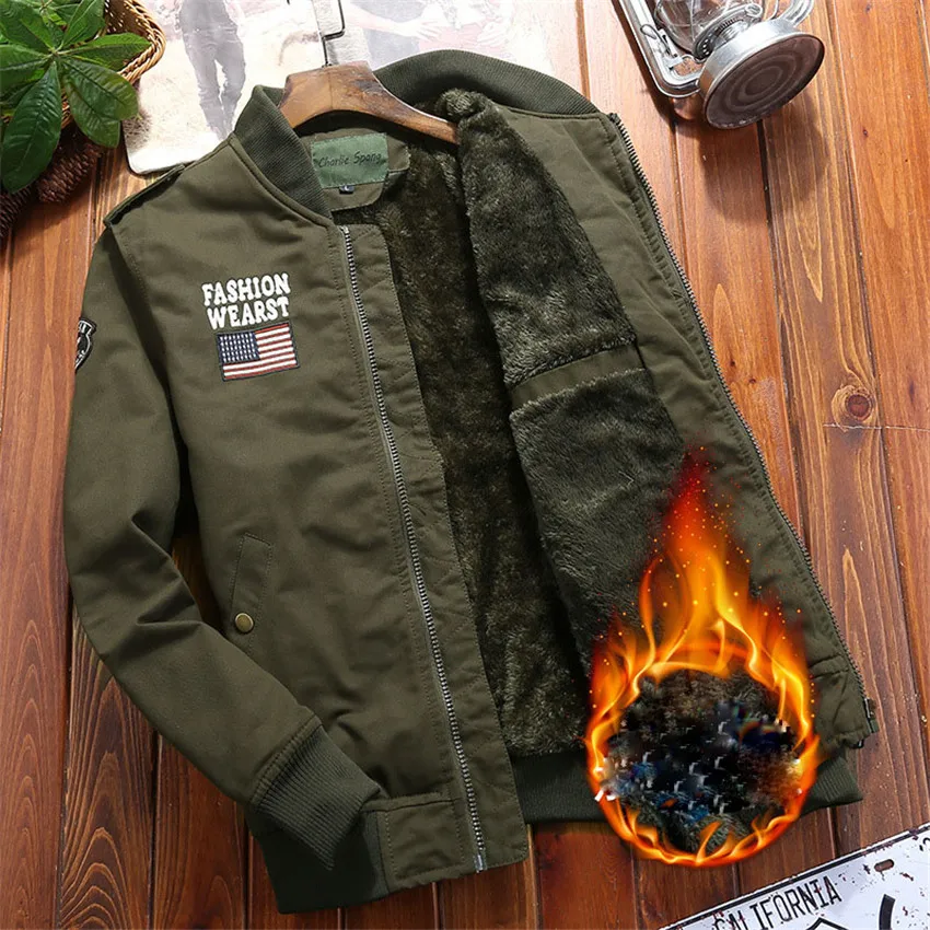 Pure cotton thickening fleece lining jacket men baseball style army green coats 2019 new autumn winter collection | Мужская одежда