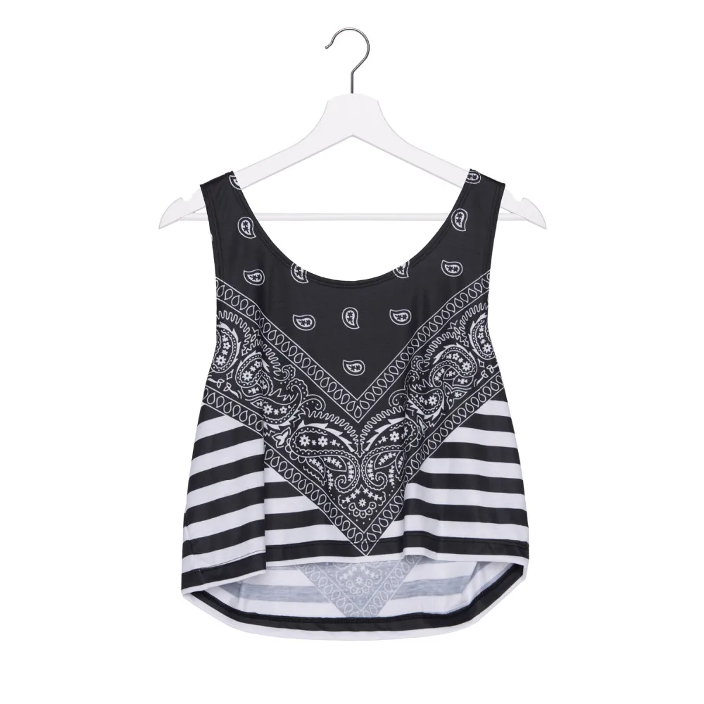 Женский короткий топ без рукавов черная бандана в полоску с 3D принтом|women crop top|top
