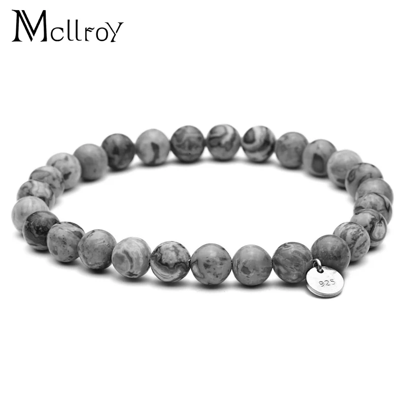Mcllroy 8 мм серые бусины из натурального камня влюбленные 925 серебро PL Круглый браслет с подвесками мужской браслет с натуральным камнем и браслет для пар