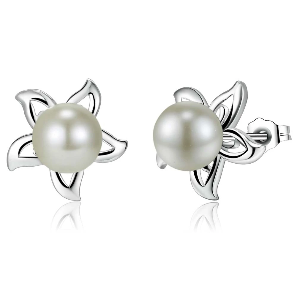 Серьги гвоздики с белыми бусинами высшего качества бесплатная доставка