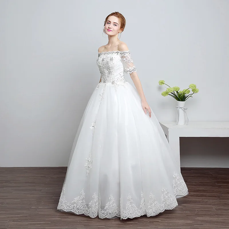 Элегантное кружевное платье с открытыми плечами украшенное кристаллами Vestidos De