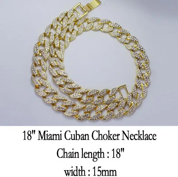 Miami Cuban Chain Hip Hop CZ Miami Cuban Choker 18" Cuban& 20" Full Iced Cuban& 1 Row CZ Crystal Chain Combo Set - Окраска металла: Miami Cuban Chain
