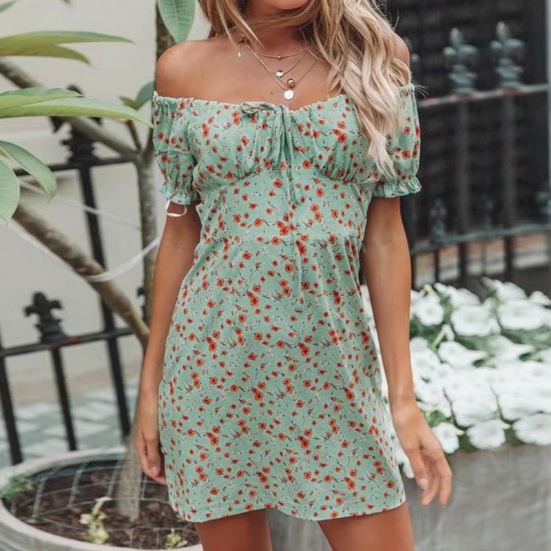С открытыми плечами цветочный принт мини-летние платья Sexy boho на шнуровке женские