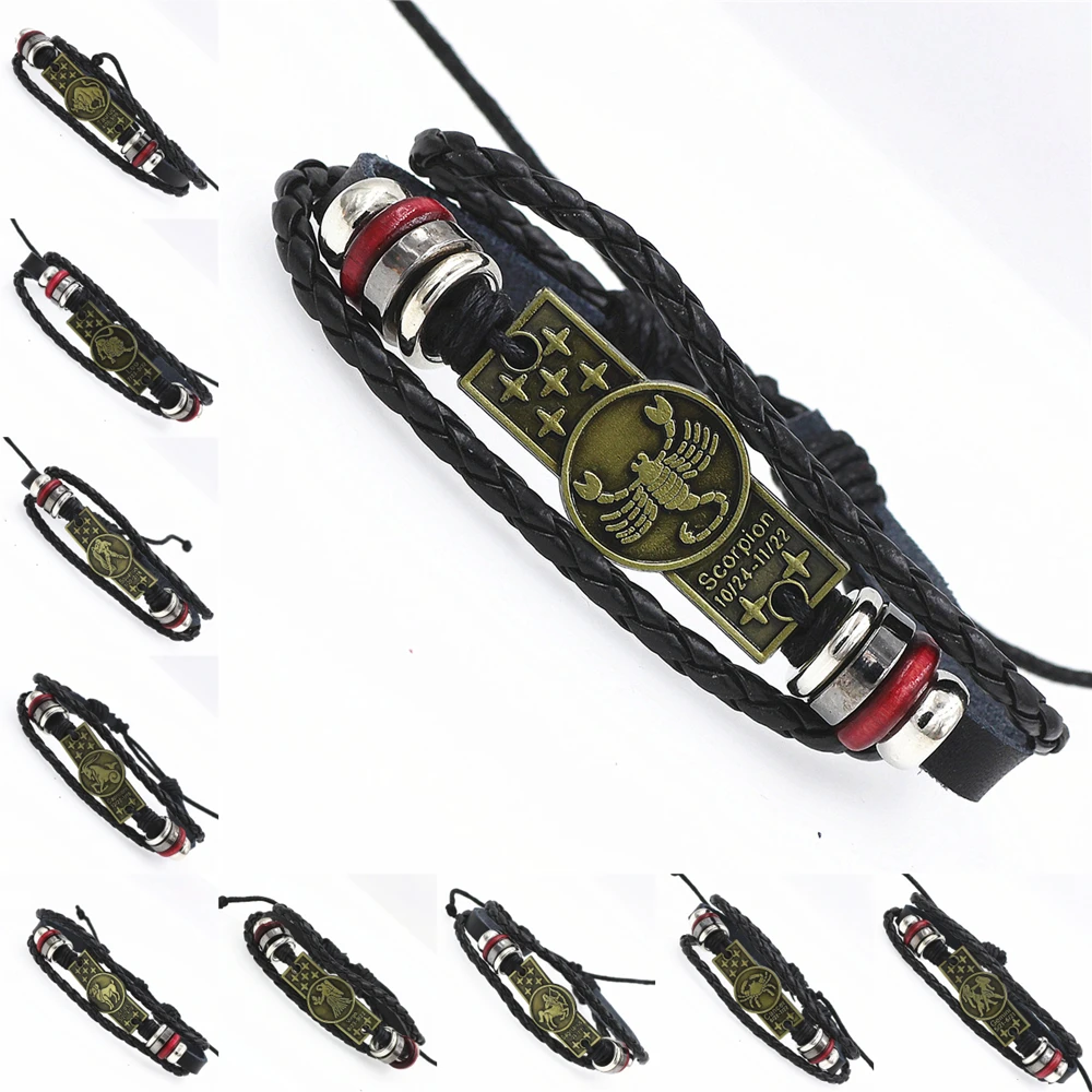 Плетеные пряжки 12 браслеты с изображениями созвездий панк кожаный браслет со