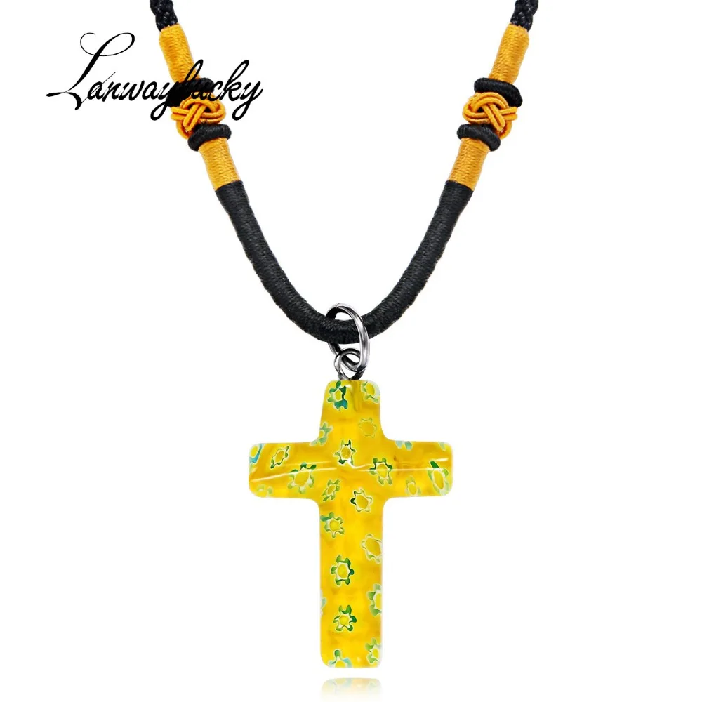 Murano Glass Pendent Necklace Women Fashion Jewelry Charm Gifts Red Yellow Blue Colored Pendents Cross Shaped | Украшения и