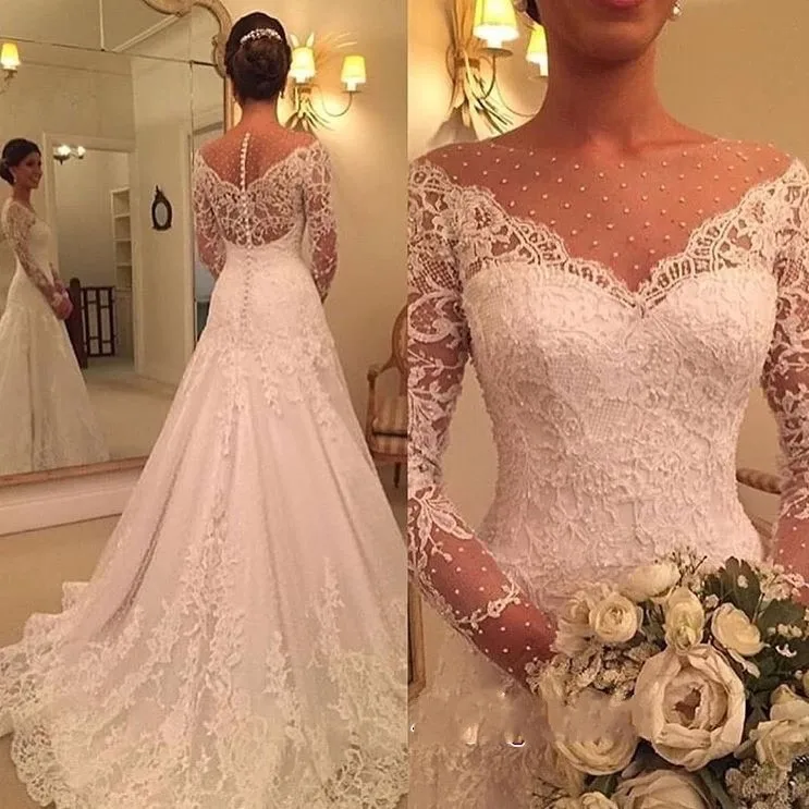 

Stunning Long Sleeve Wedding Dresess 2019 V-neck Lace Mermaid Bridal Gown vestidos de noiva