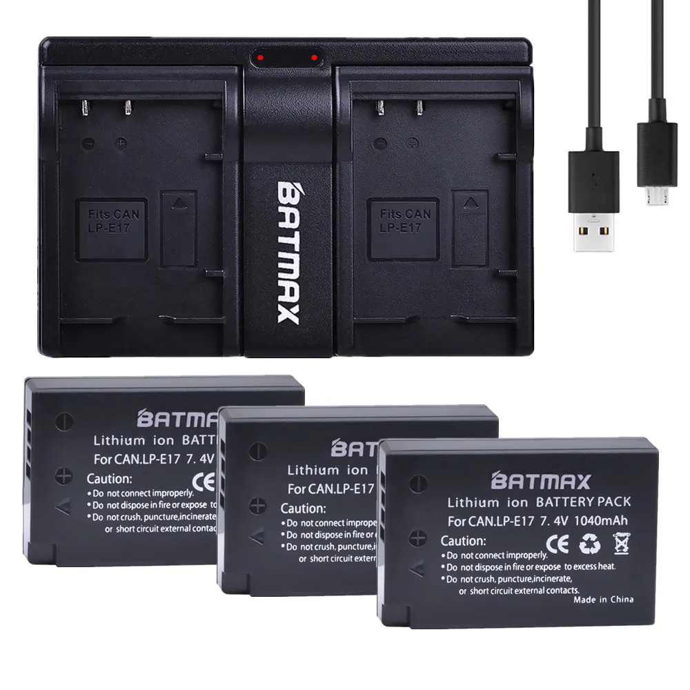 3 аккумулятора 1040 мАч LP-E17 LP E17 E17 + двойное зарядное устройство USB для камер Canon EOS Rebel T6i 750D 800D 200D 8000D Kiss X8i