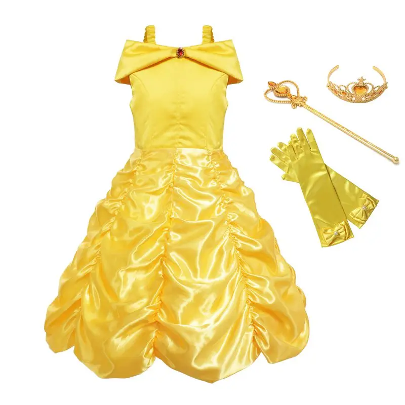 Dress Set 02 MUABABY платье для девочек; костюм принцессы Белль; Детские Многослойные желтые вечерние бальные платья с открытыми плечами; карнавальное детское платье для костюмированной вечеринки - Цвет: Dress Set 02