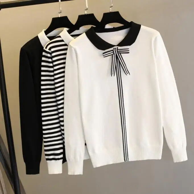 2018 Women Korean Sweaters Peter-Pan Collar Preppy Style Lolita Knit Pullovers Loose Causal Knitting Jumpers with Bow Ties Женская