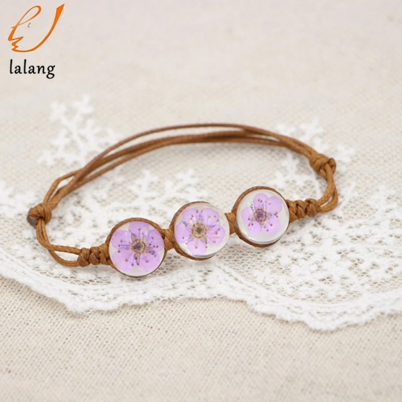 Винтажный браслет в стиле бохо Плетеный стеклянный с сушеными цветами травой на