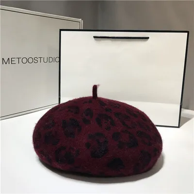wine red VISROVER 7 цветов, осенне-зимние кашемировые береты из леопардовой кожи, женские новые кашемировые Теплые повседневные береты высокого качества - Цвет: wine red