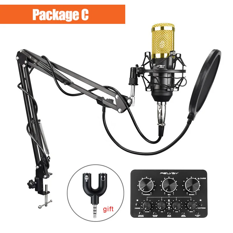 Black Package C FELYBY bm 800, профессиональный конденсаторный микрофон для компьютера, аудио студия, вокальное запись, караоке, интервью, микрофон, фантомное питание - Цвет: Black Package C